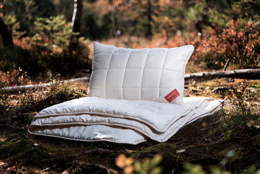 hefel pillow and quilt in the woods