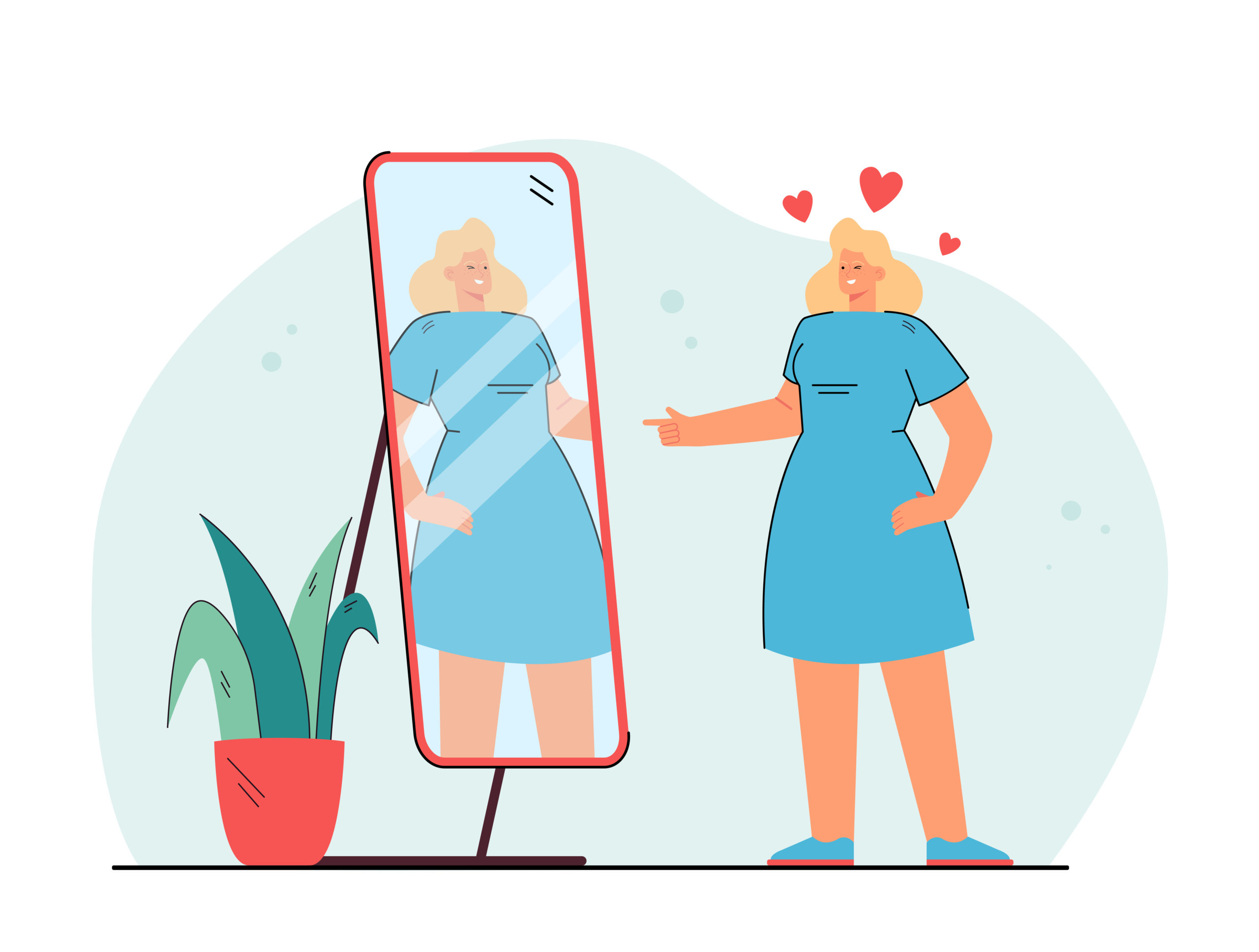 Cheerful young lady looking at mirror and winking isolated flat vector illustration. Cartoon woman cheering herself and getting love of self. Narcissism, body positive and beauty concept