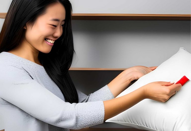 A woman smiling while holding a clean white pillow - Maintaining Your Pillow for Better Sleep