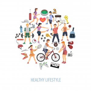 Healthy lifestyle concept with people playing sport games flat vector illustration